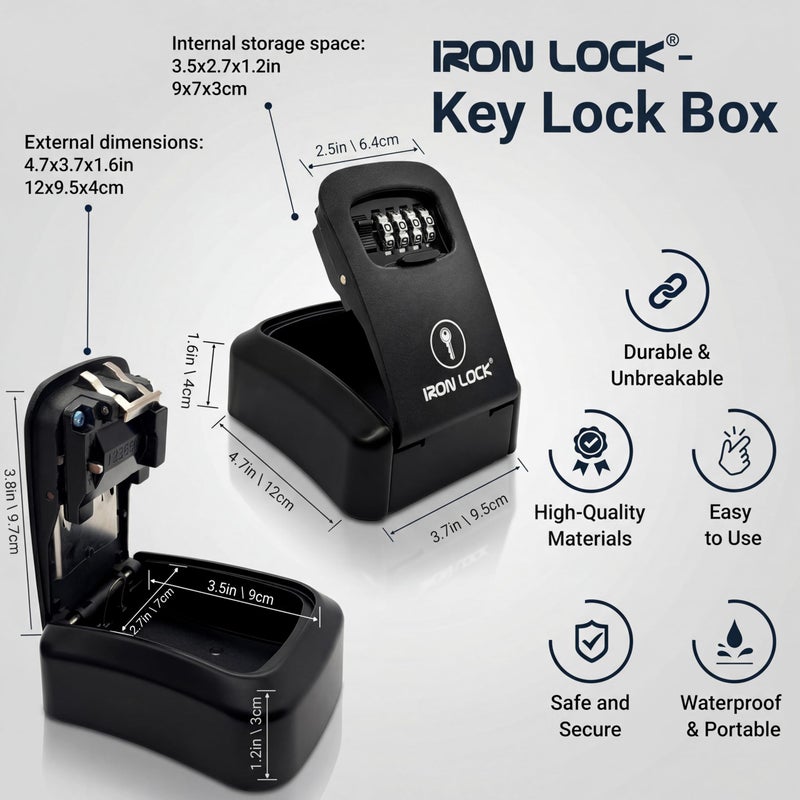 Iron Lock صندوق قفل المفاتيح Iron Lock® مثبت على الحائط - متوسط مقاوم للماء آمن معدني ثقيل مع تركيبة مكونة من 4 أرقام للوصول الخارجي، دخول المنزل، أمان المكتب، الإيجارات واستخدام Airbnb (أسود، متوسط) - Image 3